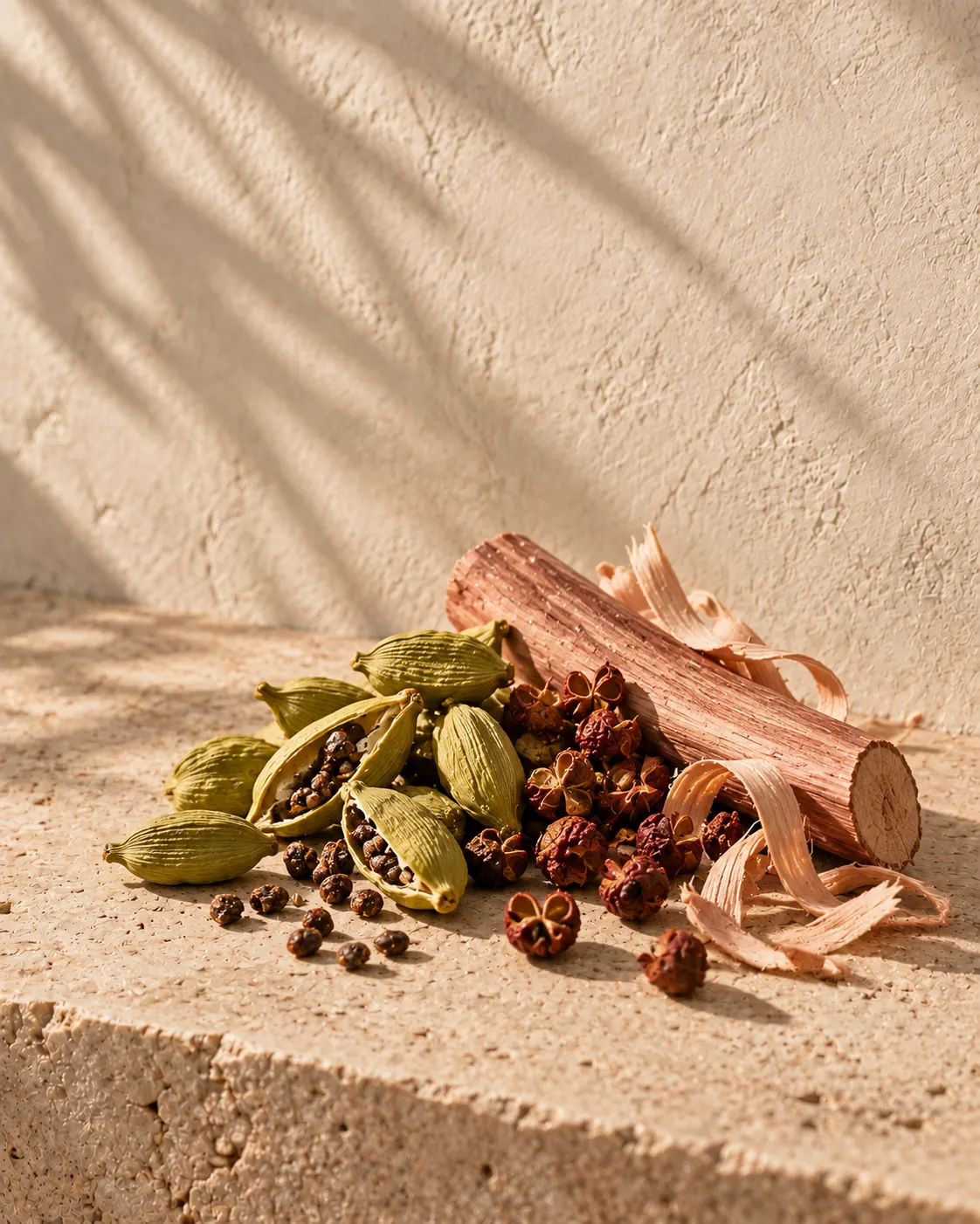 Rosewood, cardamom and Chinese pepper in soft morning light