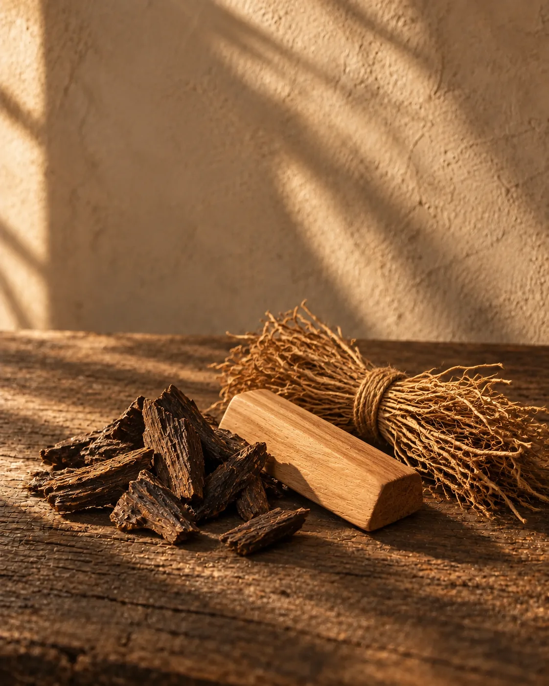 Oud, sandalwood and vetiver in warm afternoon light