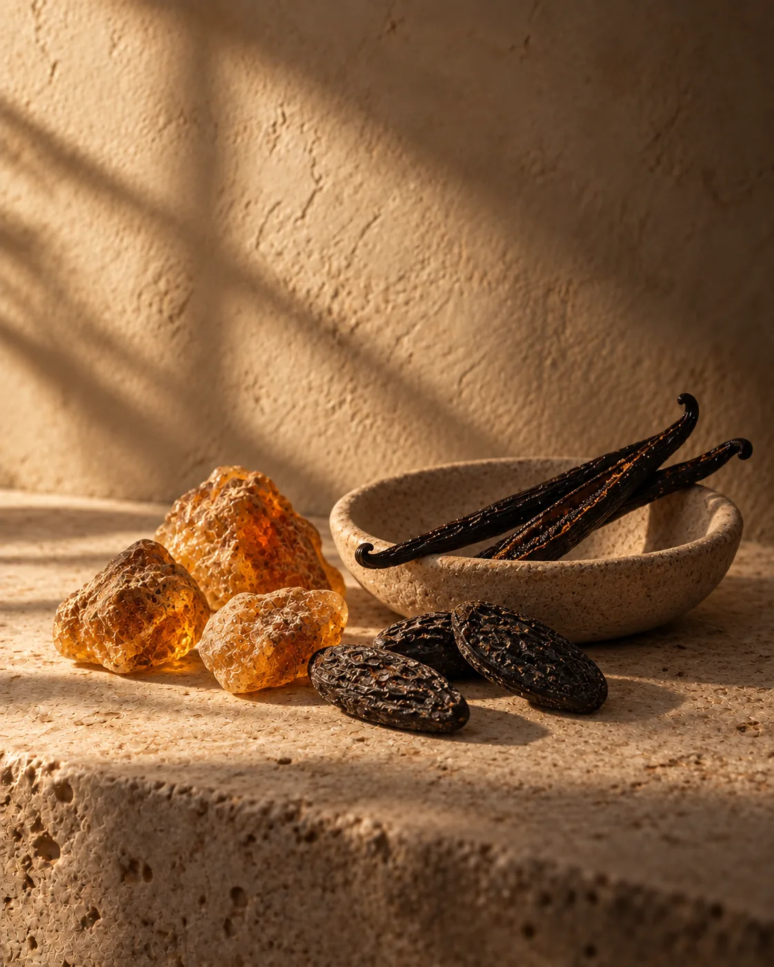 Tonka beans, amber resin and vanilla pods in dusk light