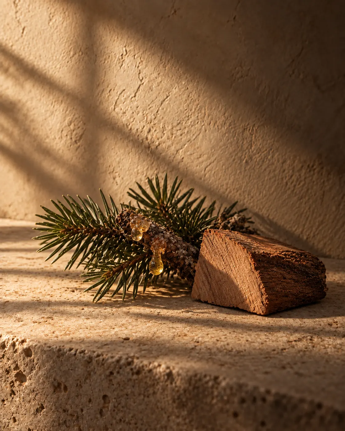 Fir resin and cedarwood in dusk light