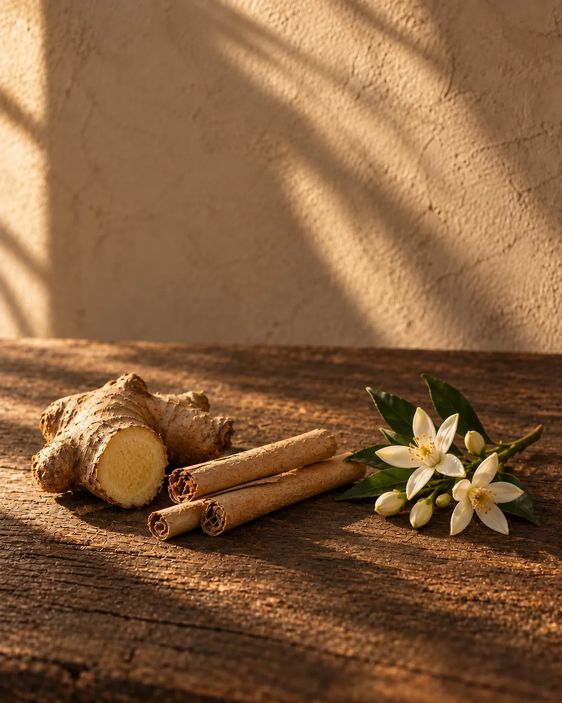 Neroli blossoms, ginger and Ceylon cinnamon in warm afternoon light