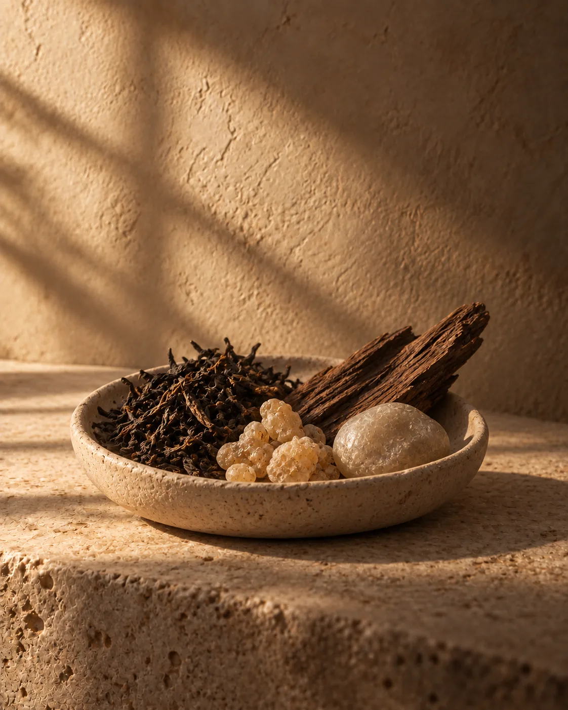 Black tea, incense and guaiac wood in dusk light