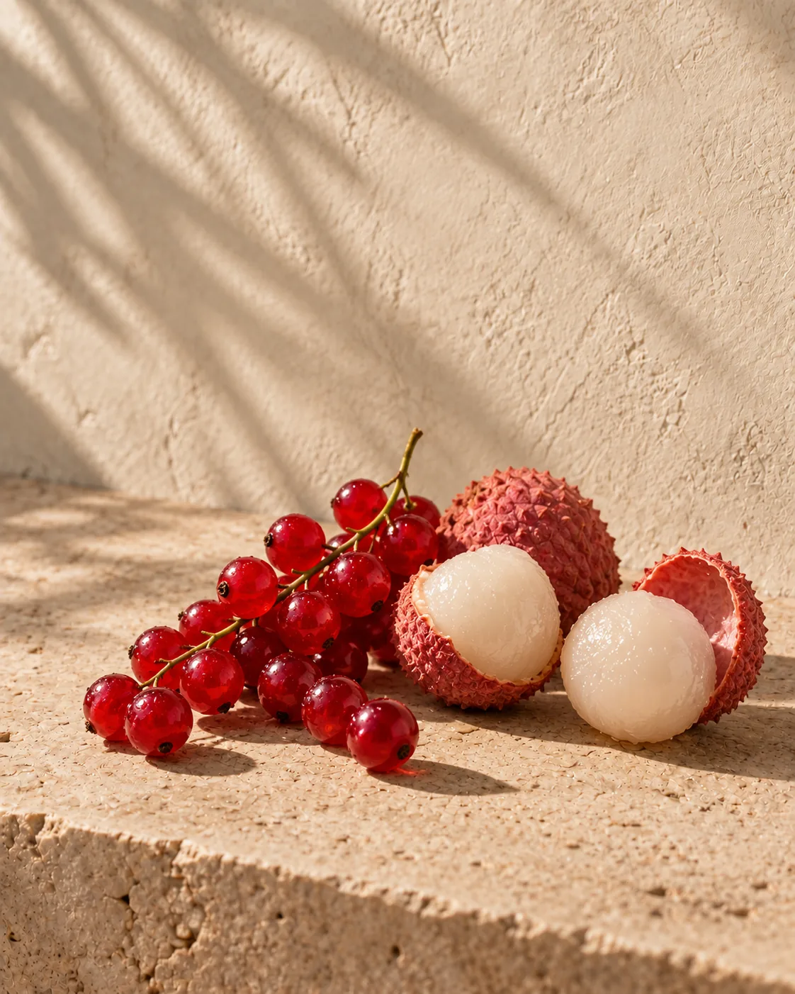Red currant and lychee in bright morning light