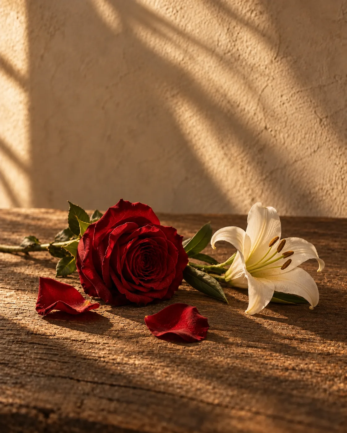 Red rose and lily in warm afternoon light