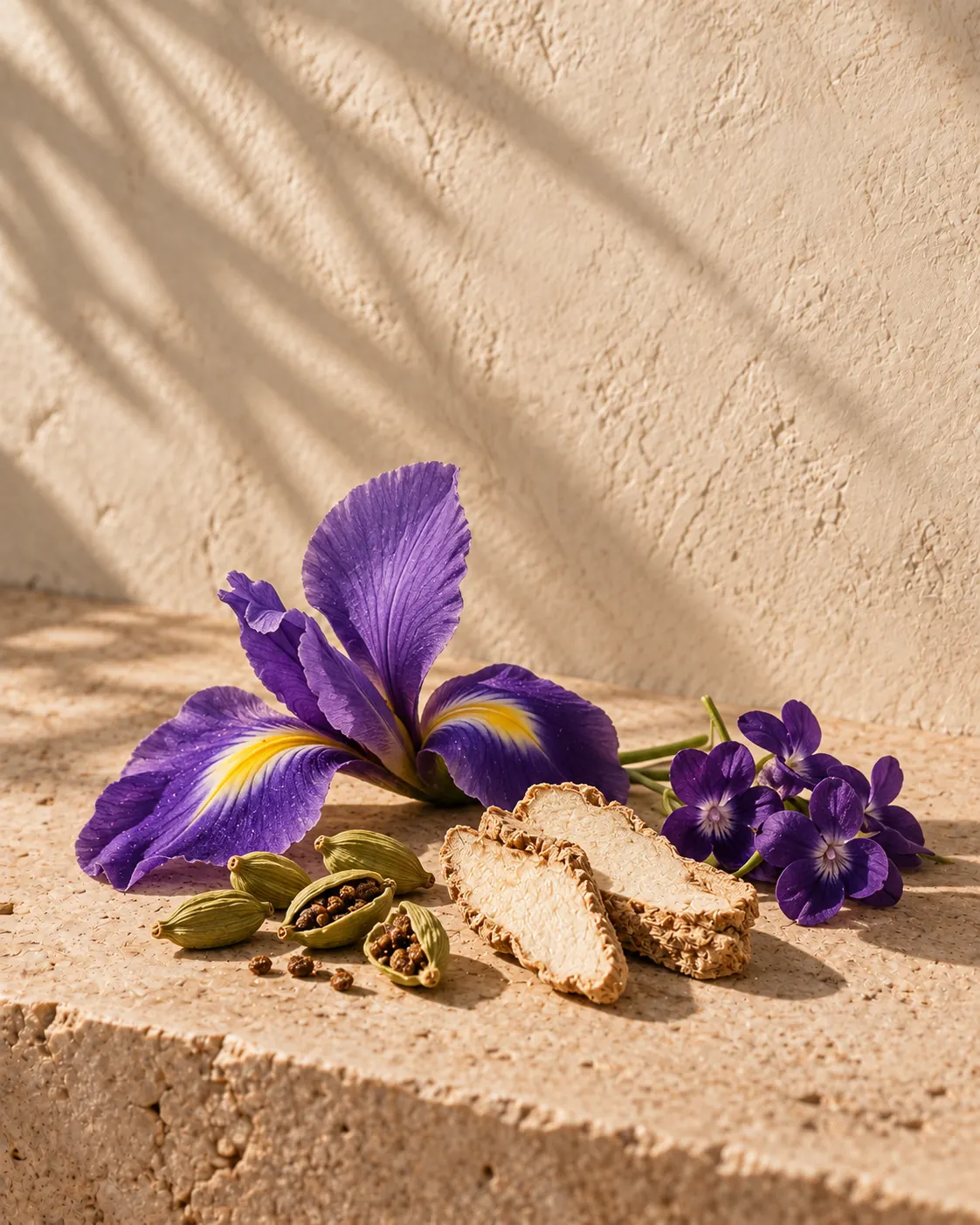 Cardamom, iris and violet in bright morning light