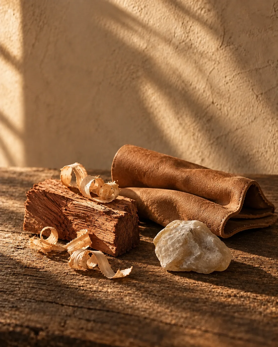 Cedarwood and leather in warm afternoon light