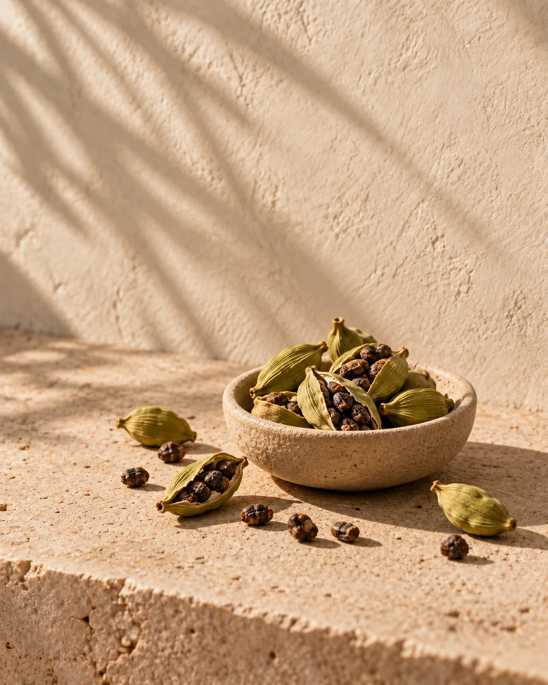 Cardamom pods in bright morning light