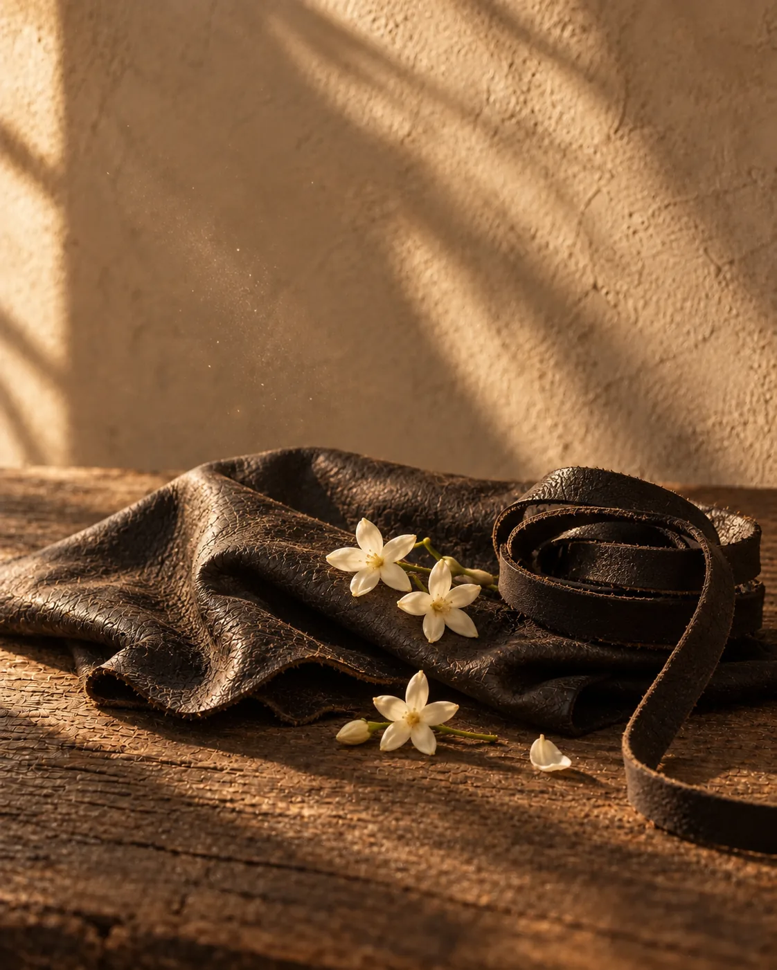 Black leather and jasmine sambac in warm afternoon light