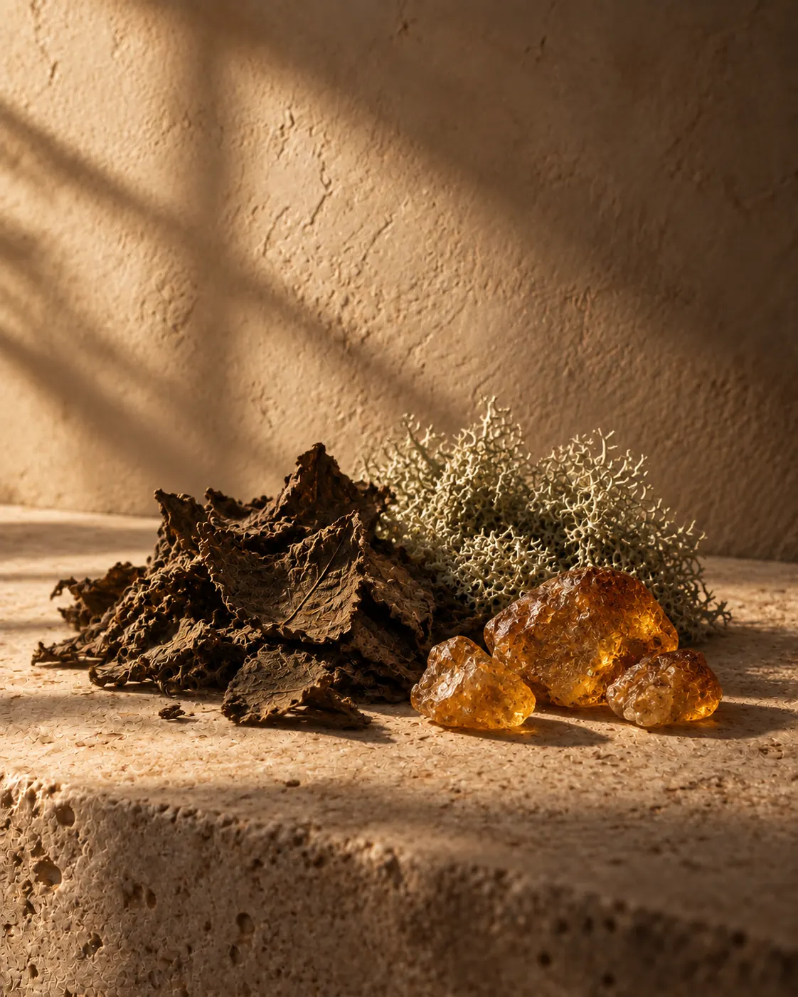Patchouli, white moss and amber in dusk light