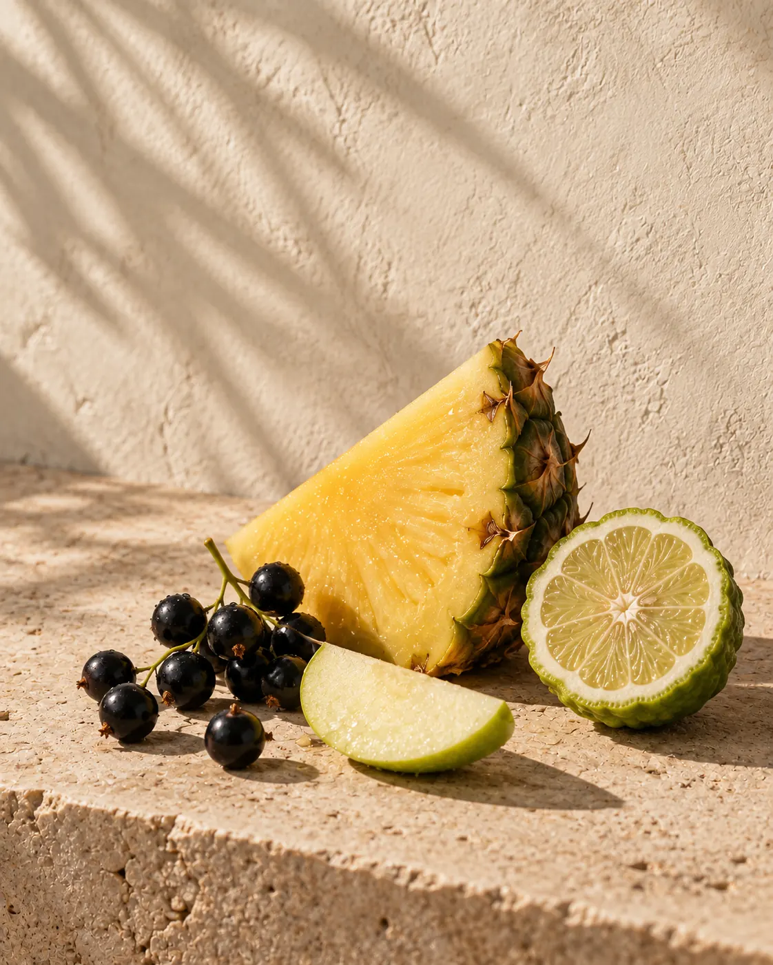 Pineapple, bergamot, blackcurrants and apple in bright morning light