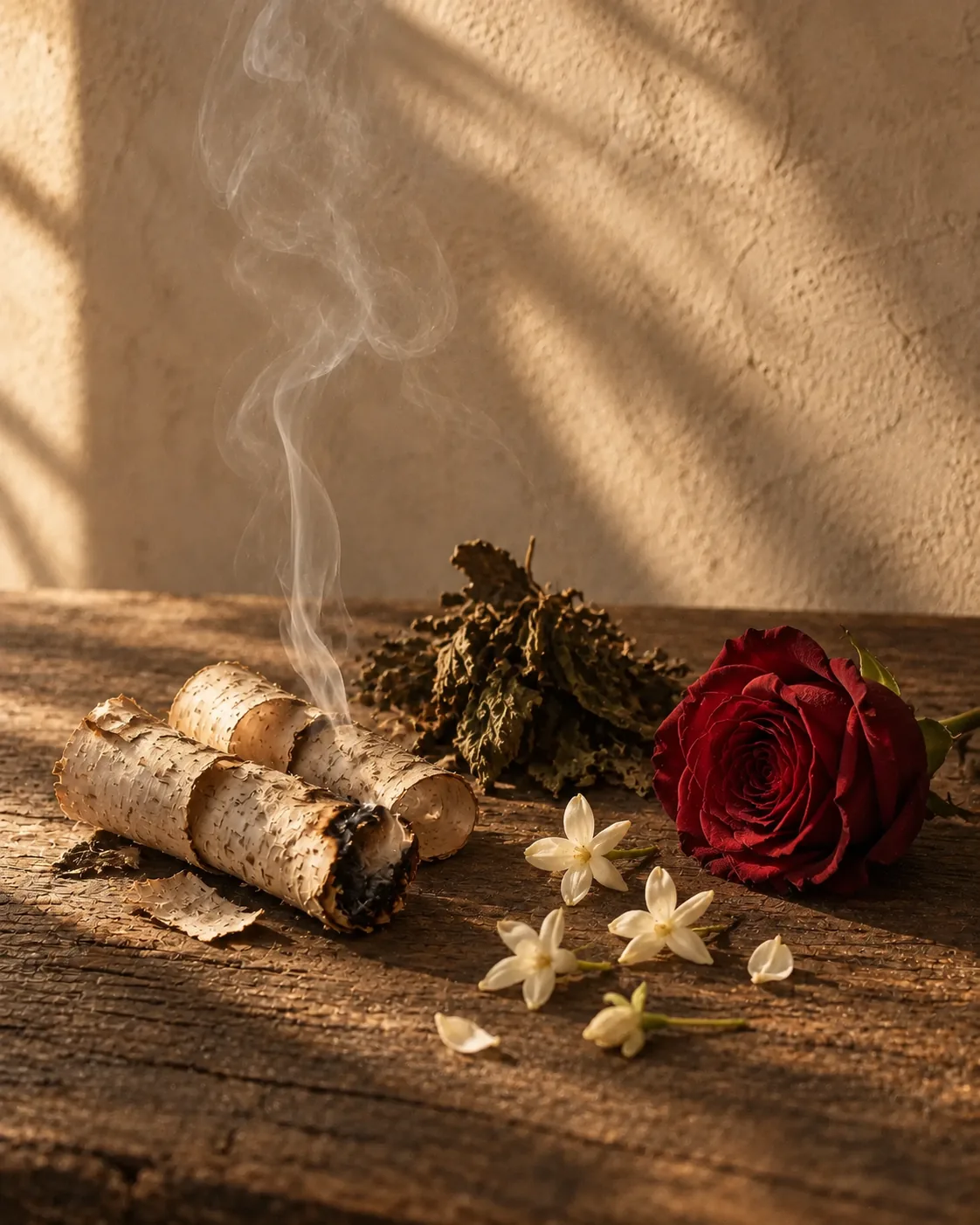 Birch smoke, patchouli, rose and jasmine in late afternoon light