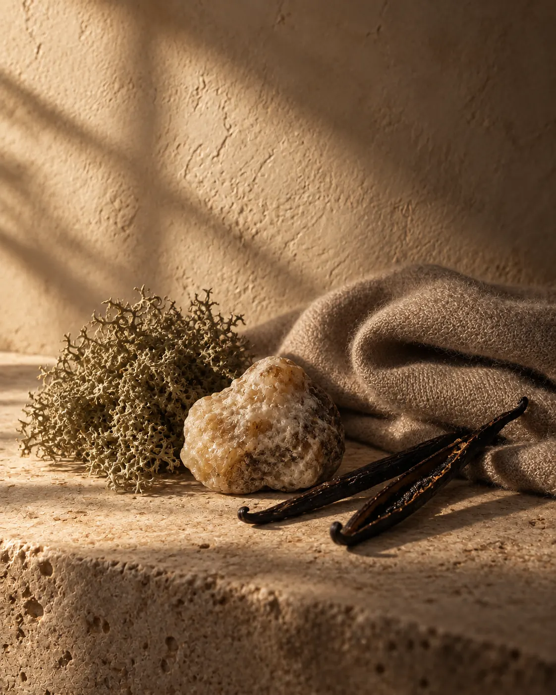 Ambergris, oakmoss and vanilla beside a soft knit in dusk light