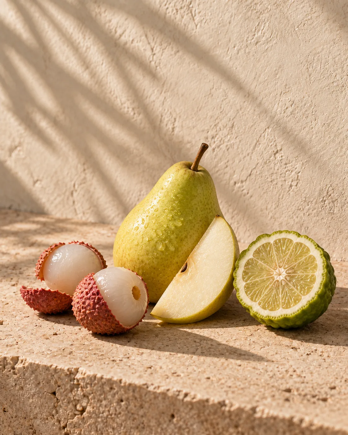 Bergamot, pear and lychee in bright morning light