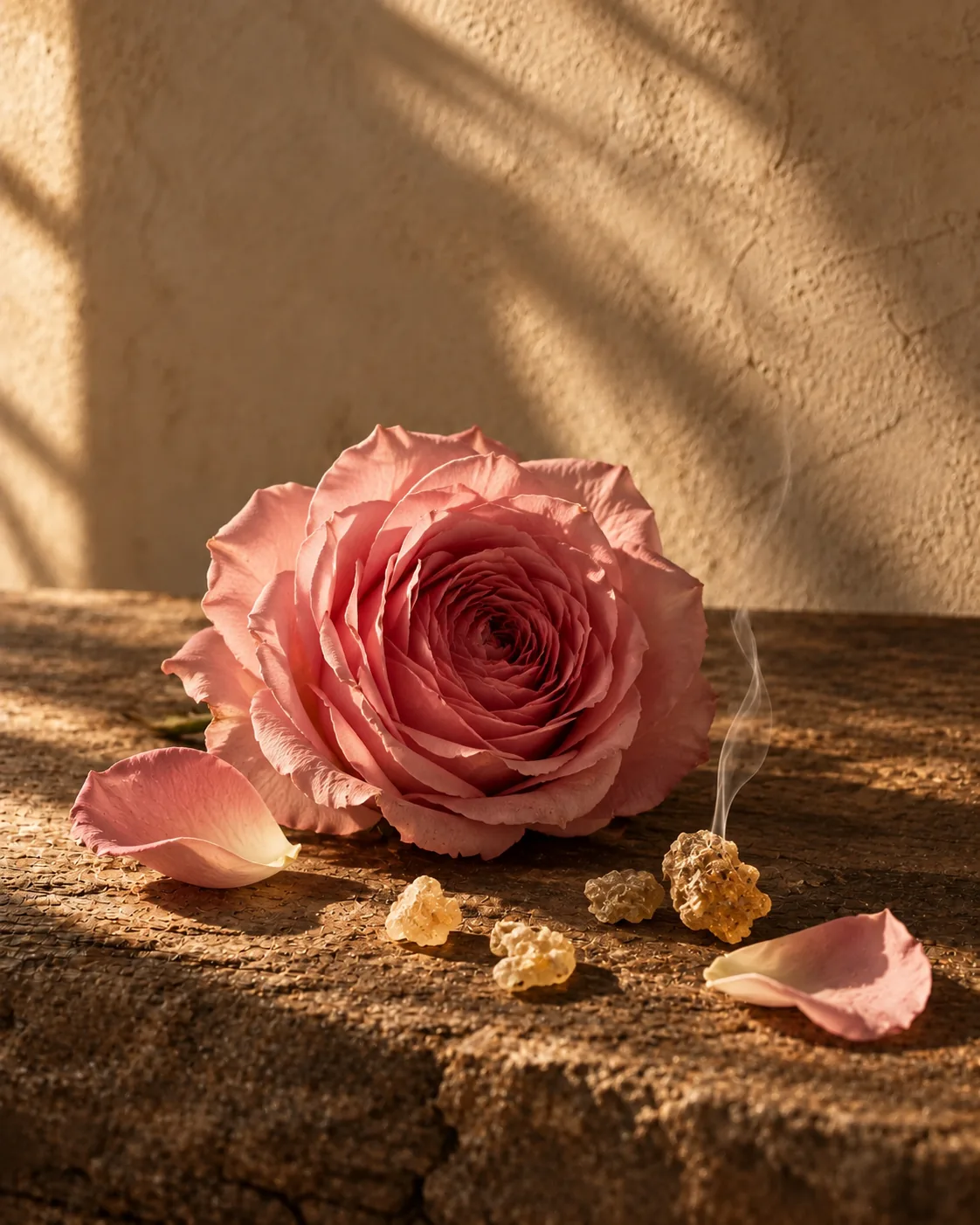 Damascena rose and incense in warm afternoon light