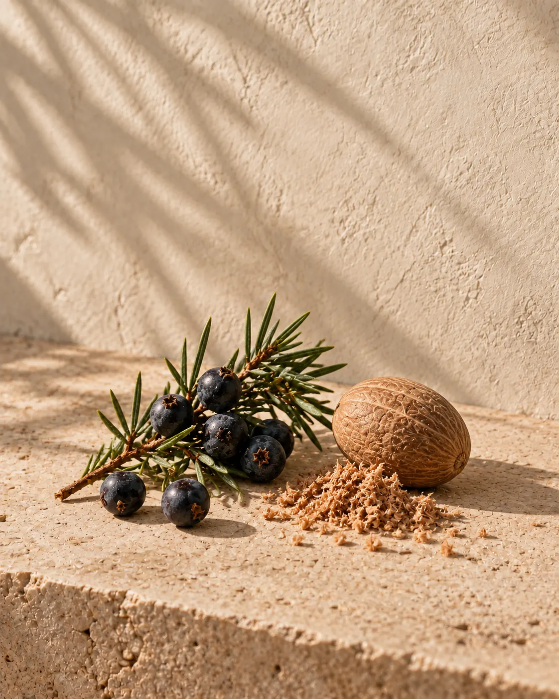 Juniper berries and nutmeg in bright morning light