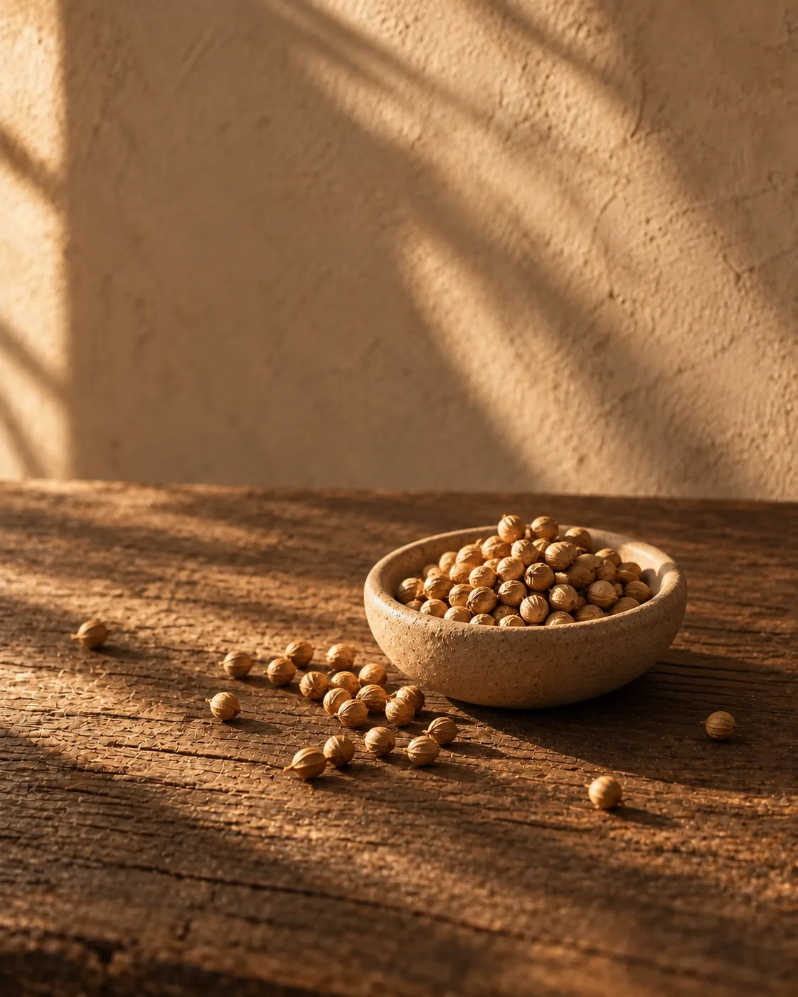 Coriander seeds in warm afternoon light