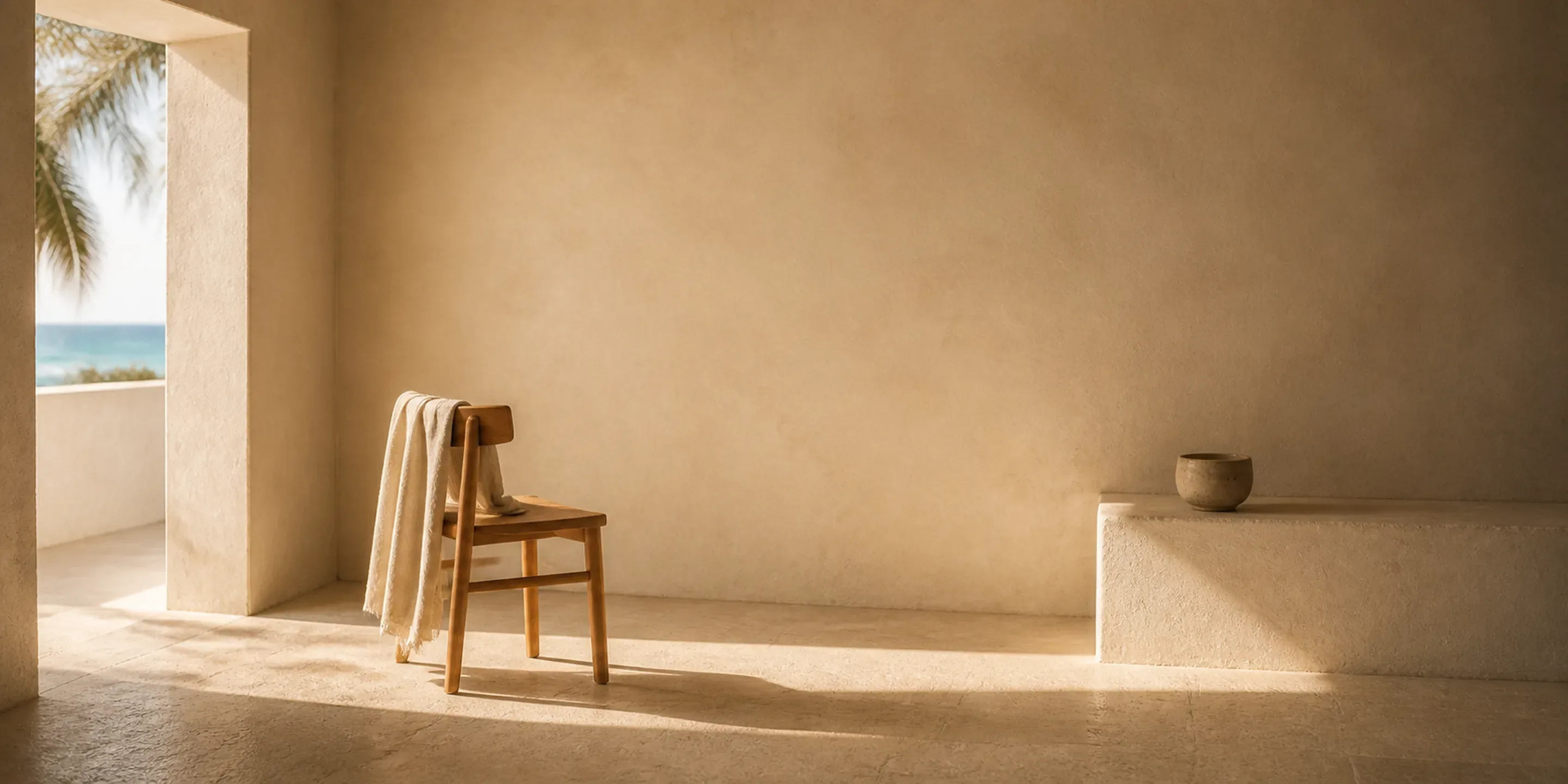 Sunlit coastal plaster interior with linen and ceramics