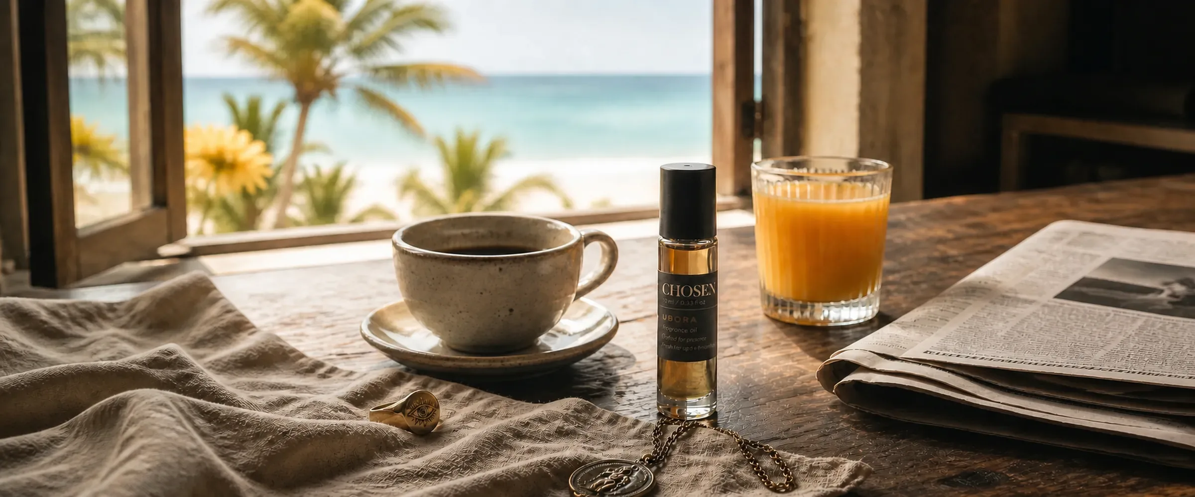 UBORA fragrance oil on a coastal breakfast table