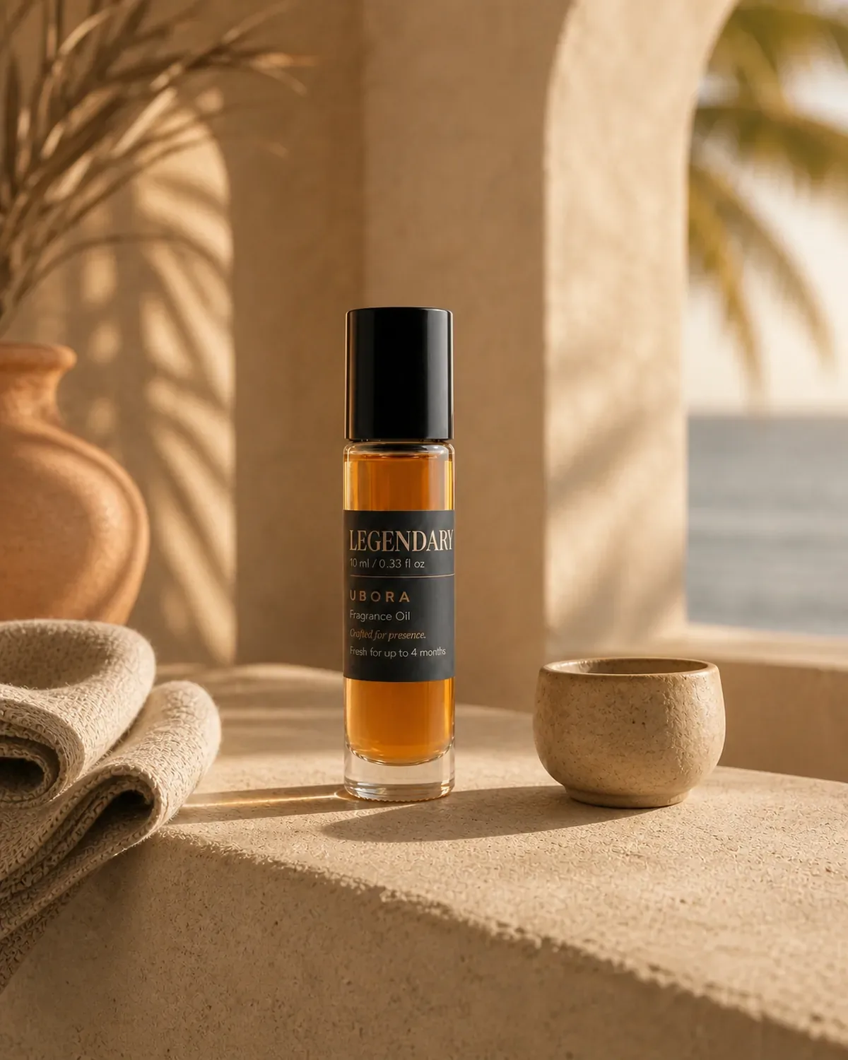 UBORA Legendary fragrance oil beside a ceramic cup