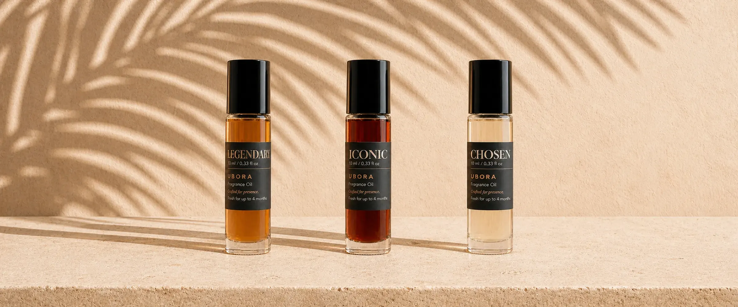 Three evenly spaced UBORA fragrance oils
