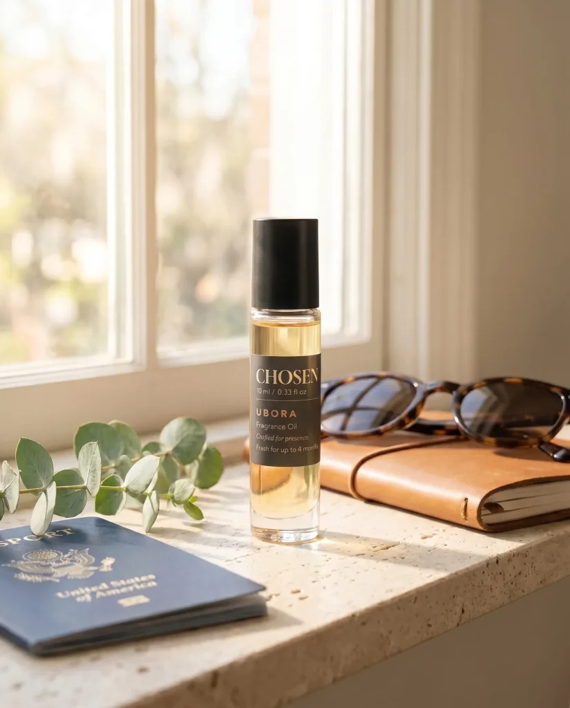UBORA Chosen roll-on oil beside a passport and journal