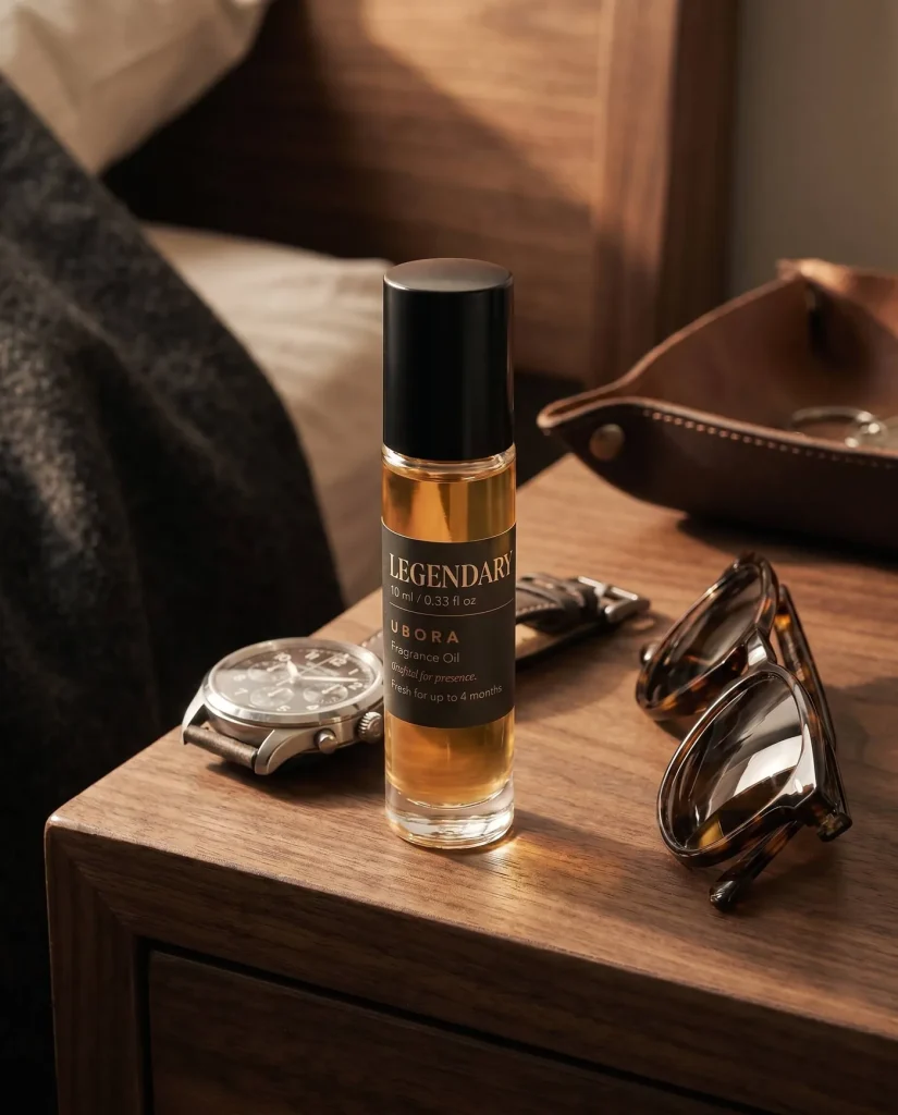 UBORA Legendary roll-on oil on a walnut nightstand