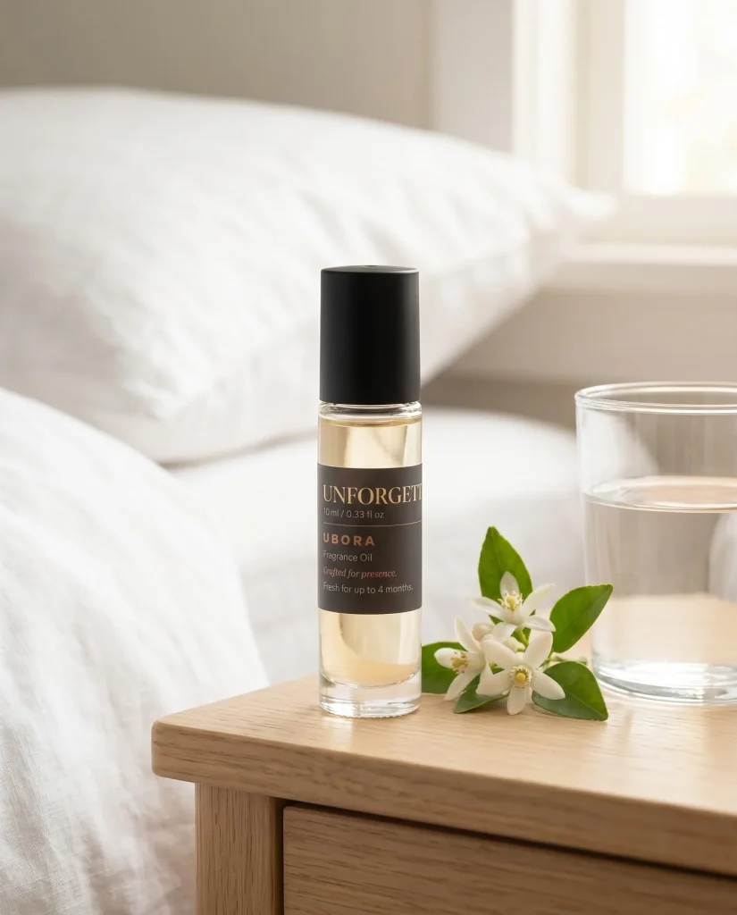 UBORA Unforgettable roll-on oil on a bright bedside table
